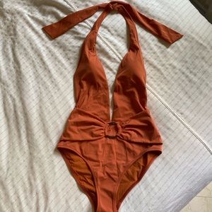 BNWT Sand & Blue Plunge Neck One Piece in Coral